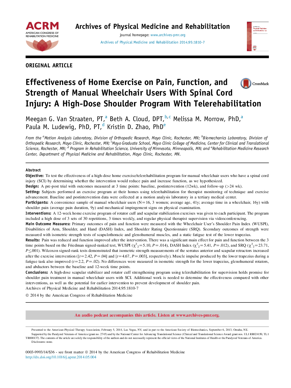 Effectiveness of Home Exercise on Pain, Function, and Strength of Manual Wheelchair Users With Spinal Cord Injury: A High-Dose Shoulder Program With Telerehabilitation