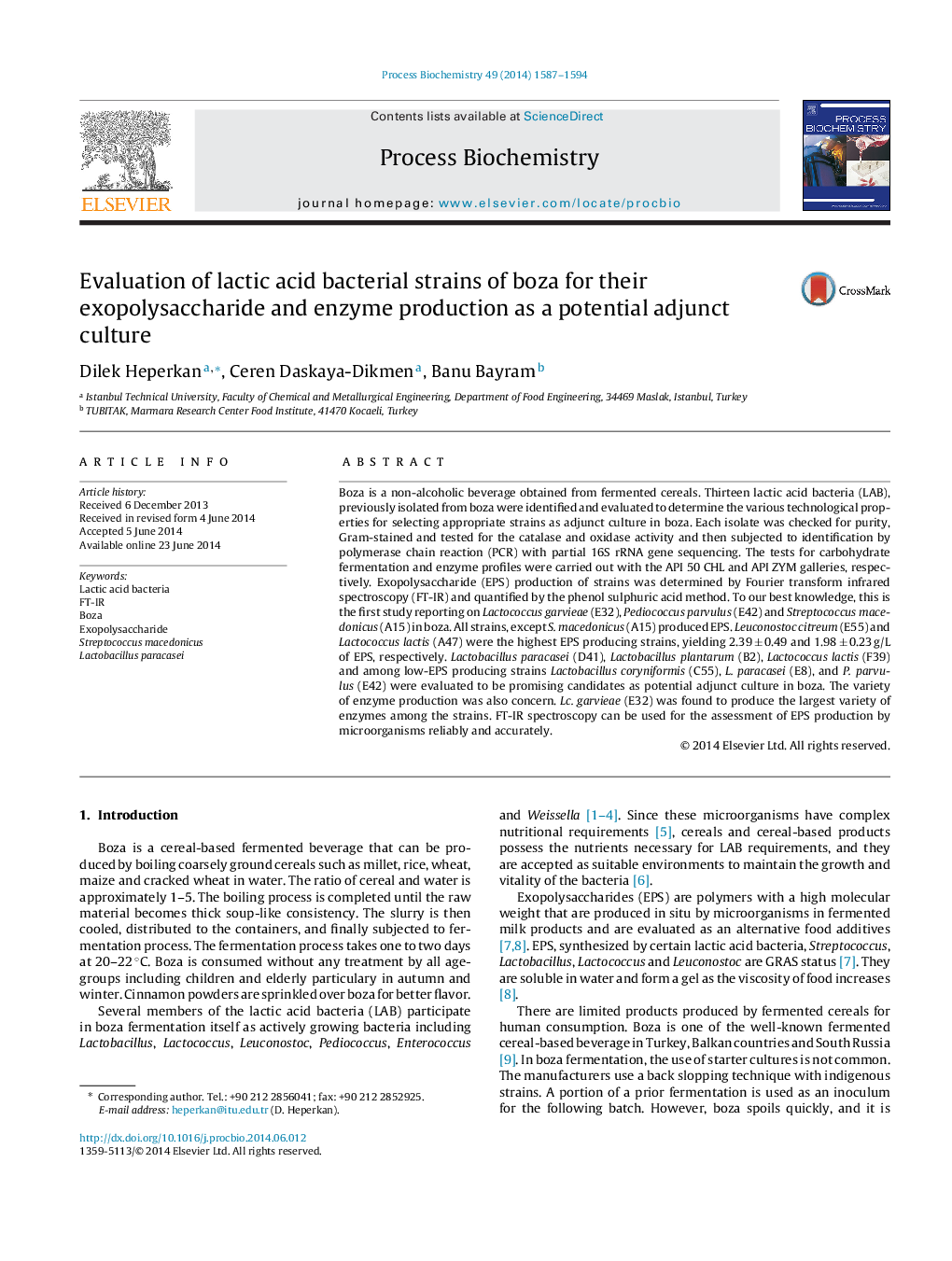 Evaluation of lactic acid bacterial strains of boza for their exopolysaccharide and enzyme production as a potential adjunct culture