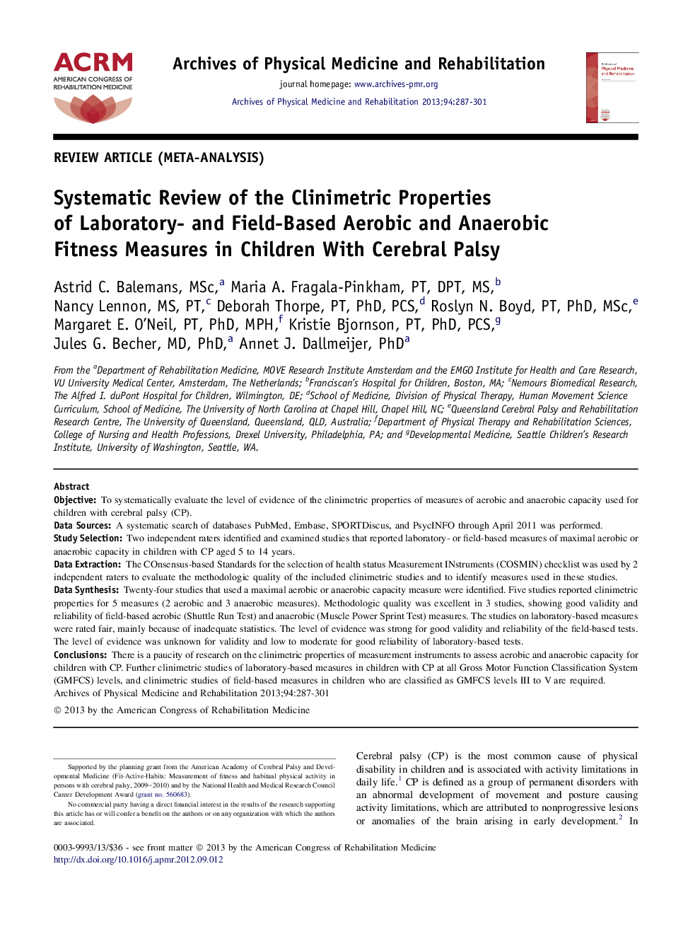 Systematic Review of the Clinimetric Properties of Laboratory- and Field-Based Aerobic and Anaerobic Fitness Measures in Children With Cerebral Palsy 