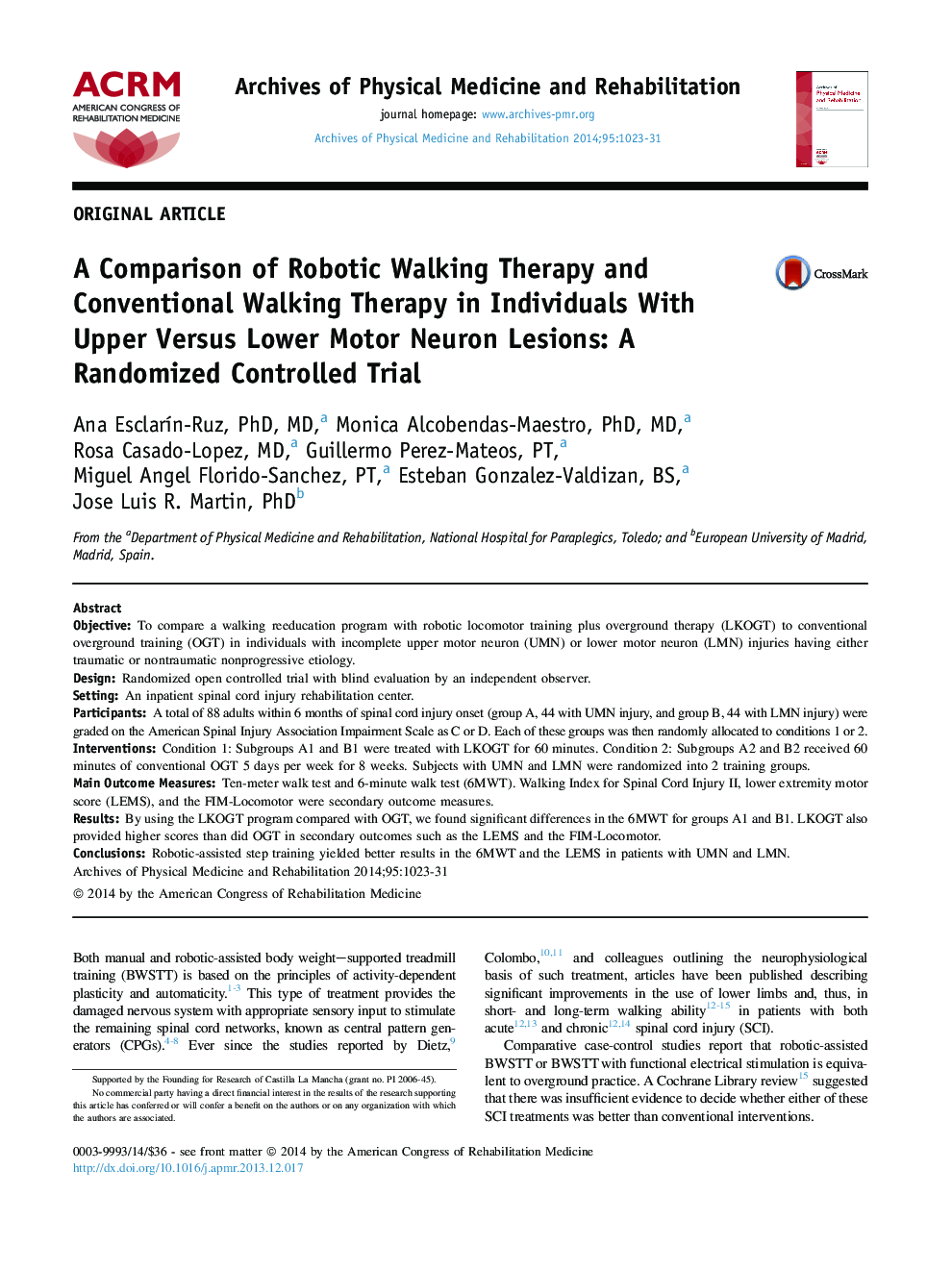A Comparison of Robotic Walking Therapy and Conventional Walking Therapy in Individuals With Upper Versus Lower Motor Neuron Lesions: A Randomized Controlled Trial 