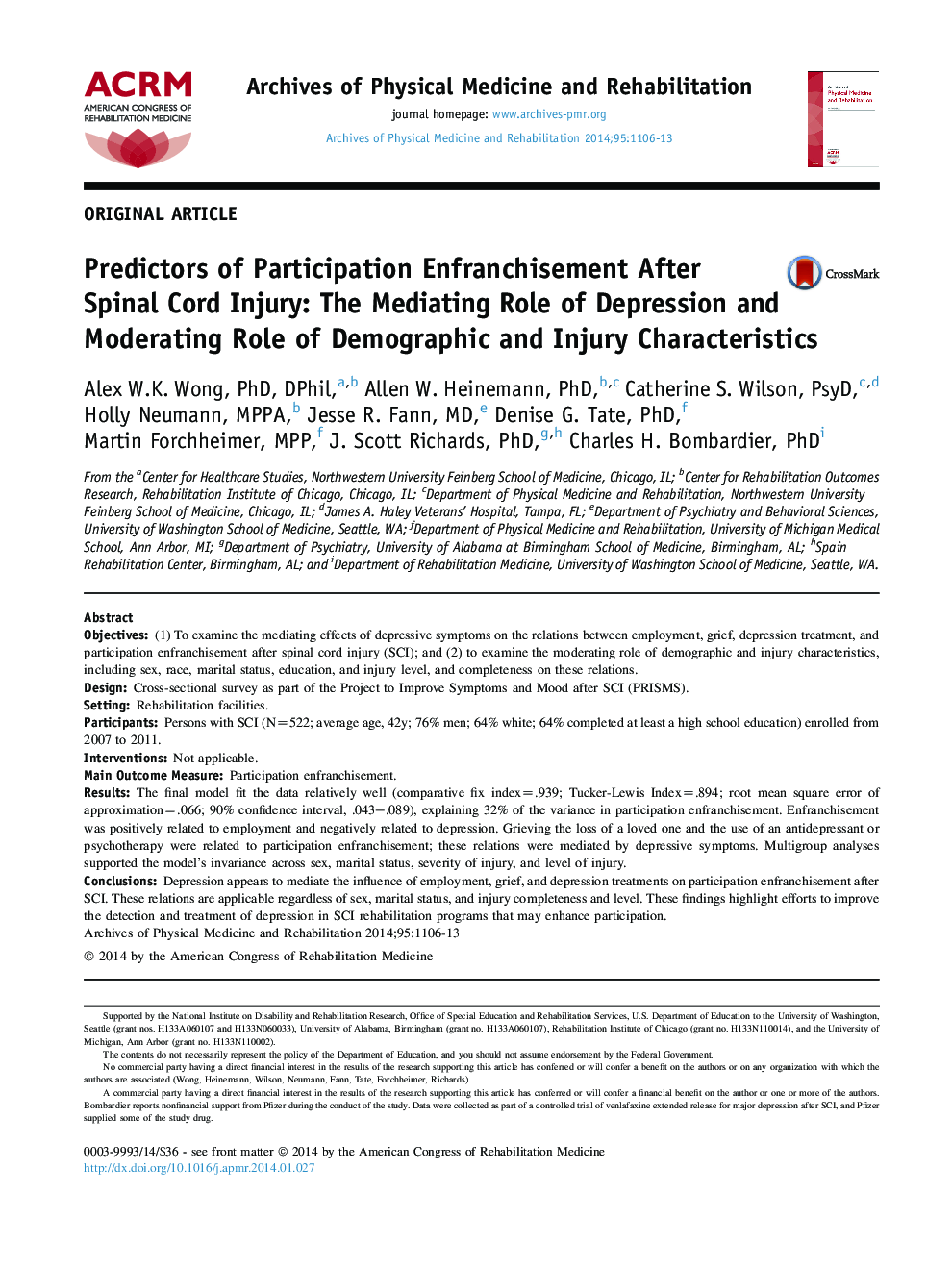 Predictors of Participation Enfranchisement After Spinal Cord Injury: The Mediating Role of Depression and Moderating Role of Demographic and Injury Characteristics 