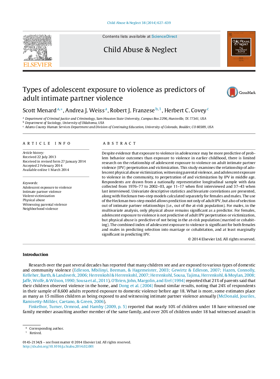 Types of adolescent exposure to violence as predictors of adult intimate partner violence