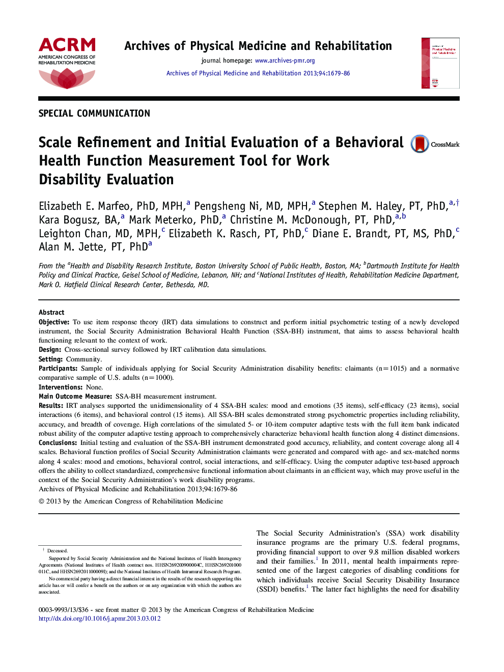 Scale Refinement and Initial Evaluation of a Behavioral Health Function Measurement Tool for Work Disability Evaluation 