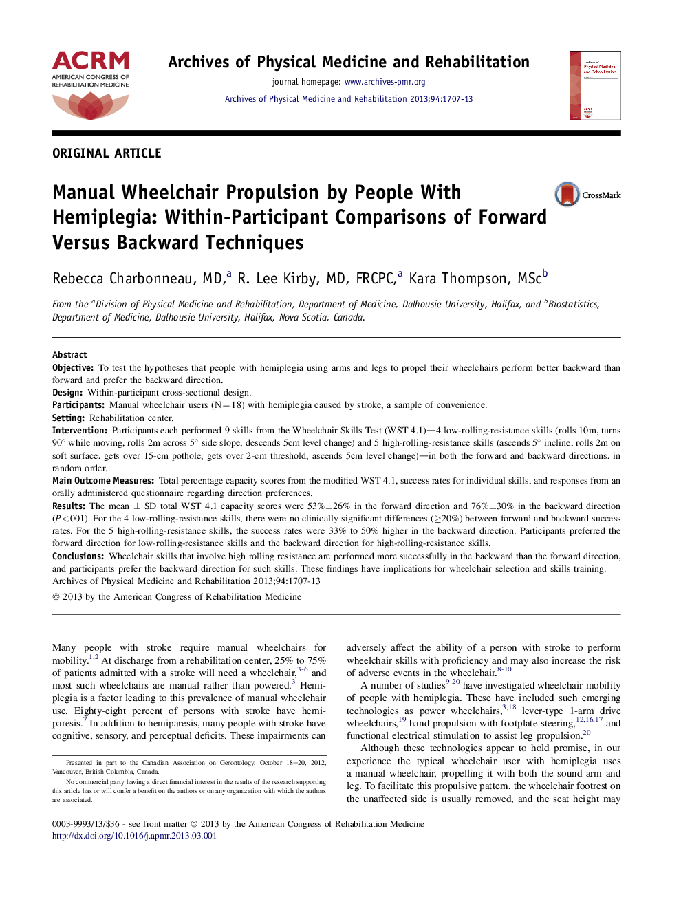 Manual Wheelchair Propulsion by People With Hemiplegia: Within-Participant Comparisons of Forward Versus Backward Techniques 