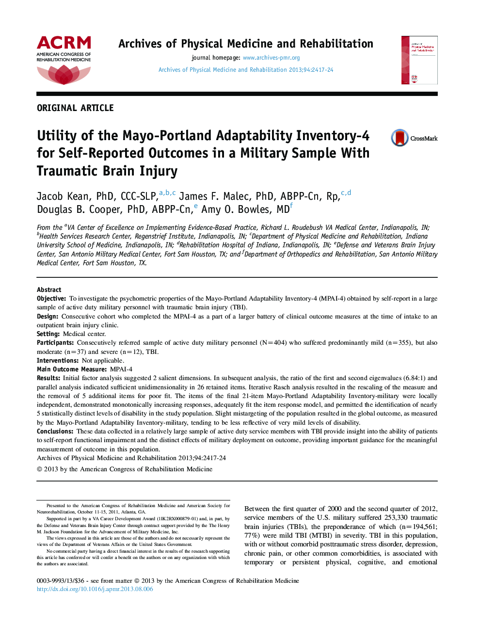 Utility of the Mayo-Portland Adaptability Inventory-4 for Self-Reported Outcomes in a Military Sample With Traumatic Brain Injury 