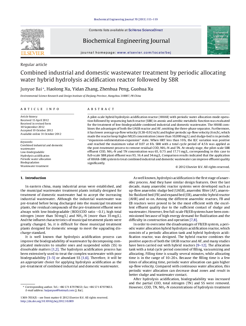 Combined industrial and domestic wastewater treatment by periodic allocating water hybrid hydrolysis acidification reactor followed by SBR