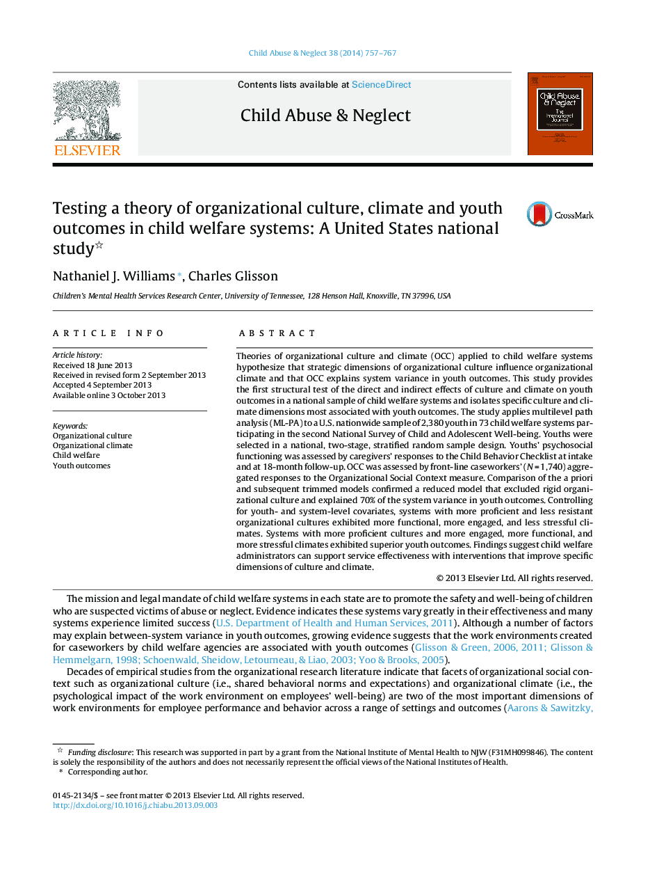 Testing a theory of organizational culture, climate and youth outcomes in child welfare systems: A United States national study 