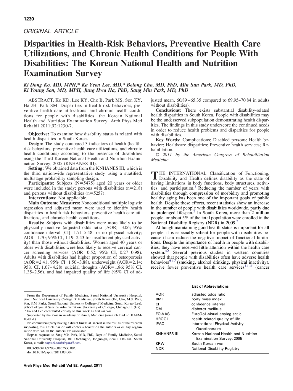 Disparities in Health-Risk Behaviors, Preventive Health Care Utilizations, and Chronic Health Conditions for People With Disabilities: The Korean National Health and Nutrition Examination Survey