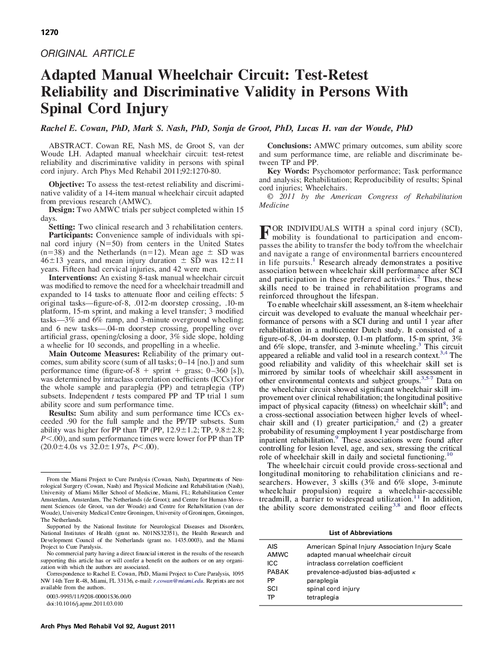 Adapted Manual Wheelchair Circuit: Test-Retest Reliability and Discriminative Validity in Persons With Spinal Cord Injury 