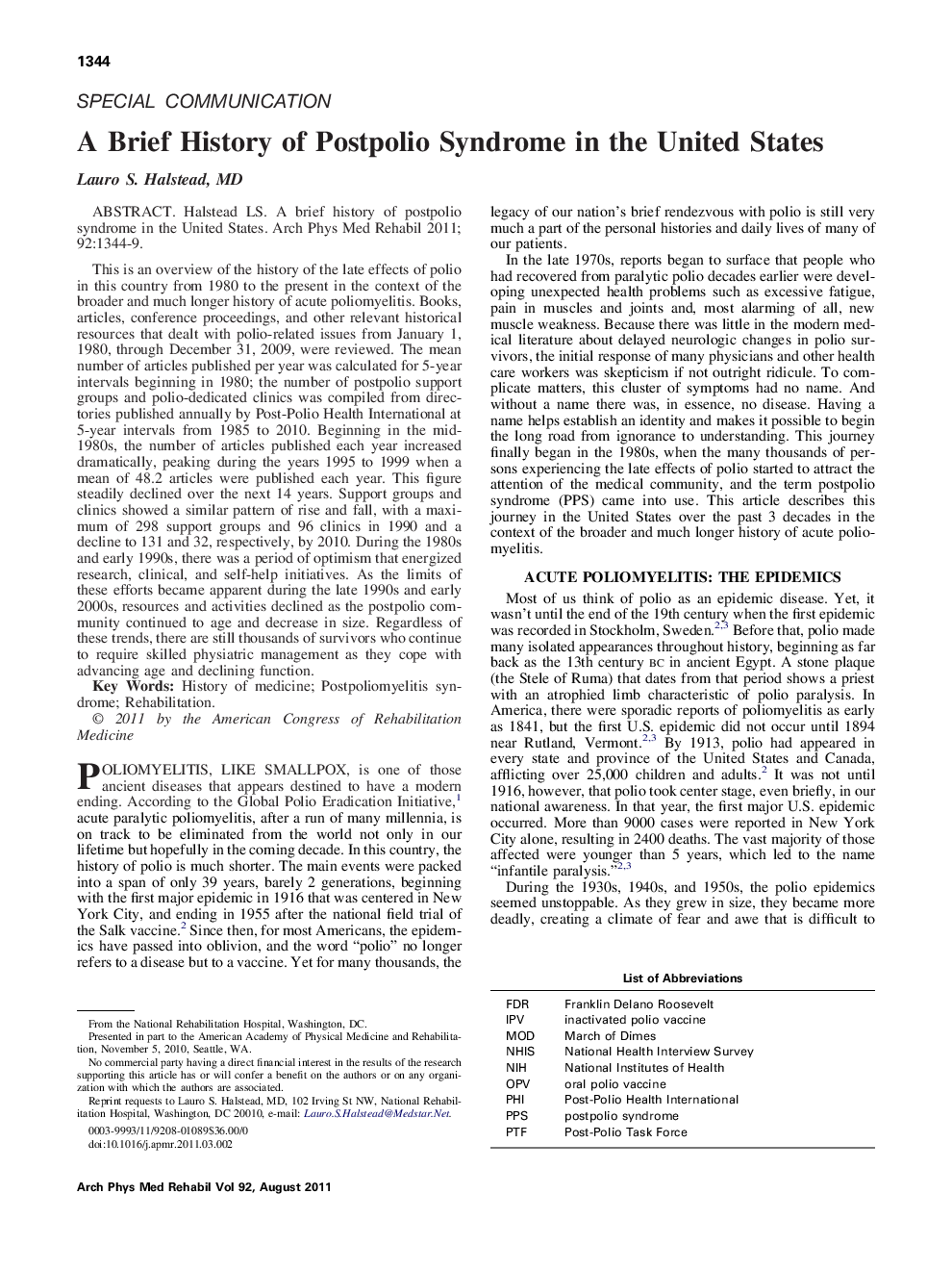 A Brief History of Postpolio Syndrome in the United States