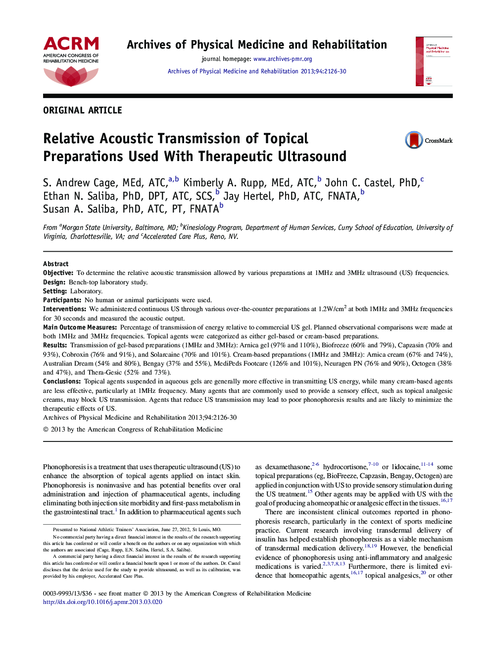 Relative Acoustic Transmission of Topical Preparations Used With Therapeutic Ultrasound