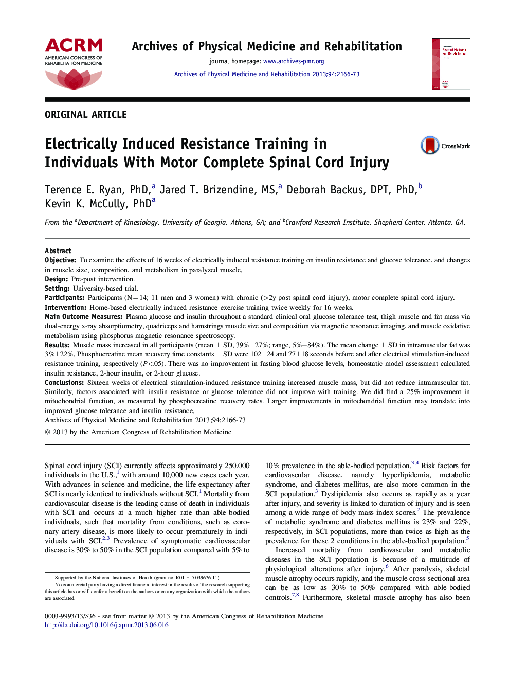 Electrically Induced Resistance Training in Individuals With Motor Complete Spinal Cord Injury