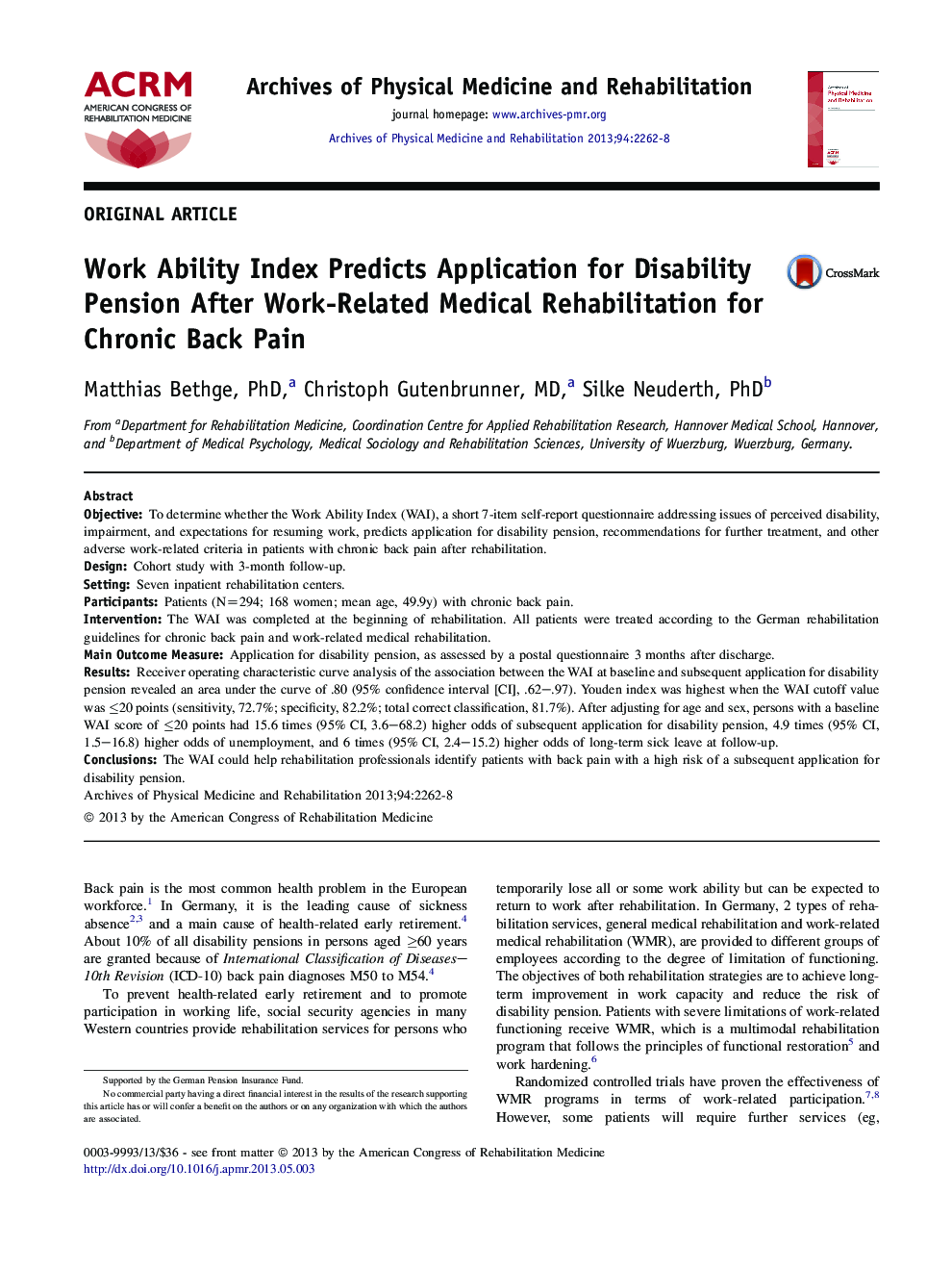 Work Ability Index Predicts Application for Disability Pension After Work-Related Medical Rehabilitation for Chronic Back Pain 