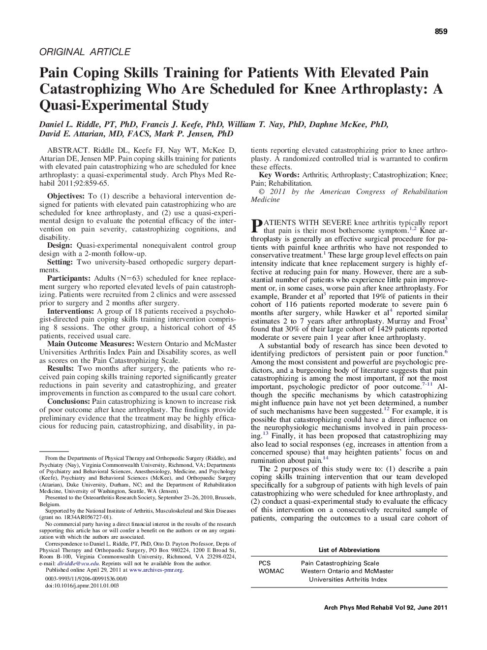 Pain Coping Skills Training for Patients With Elevated Pain Catastrophizing Who Are Scheduled for Knee Arthroplasty: A Quasi-Experimental Study