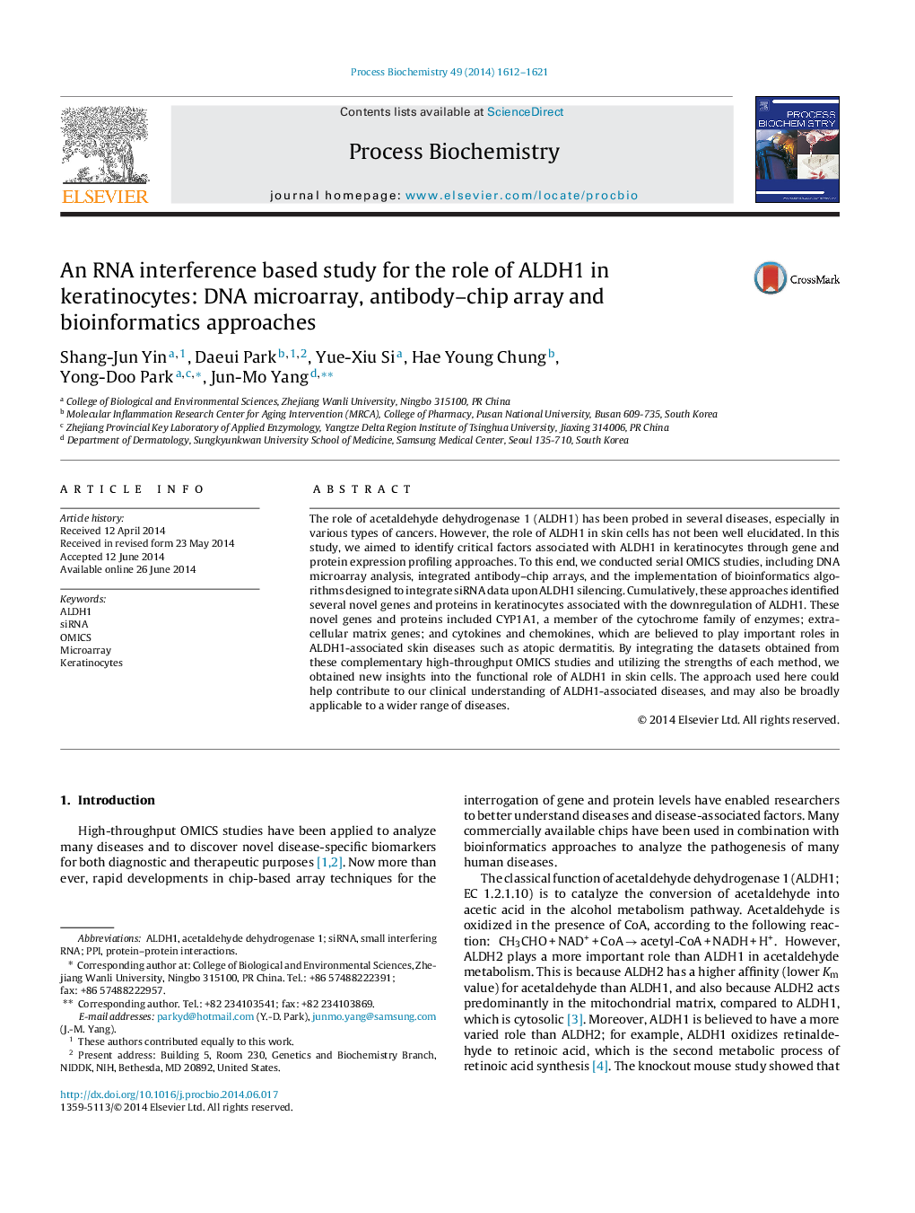 An RNA interference based study for the role of ALDH1 in keratinocytes: DNA microarray, antibody–chip array and bioinformatics approaches