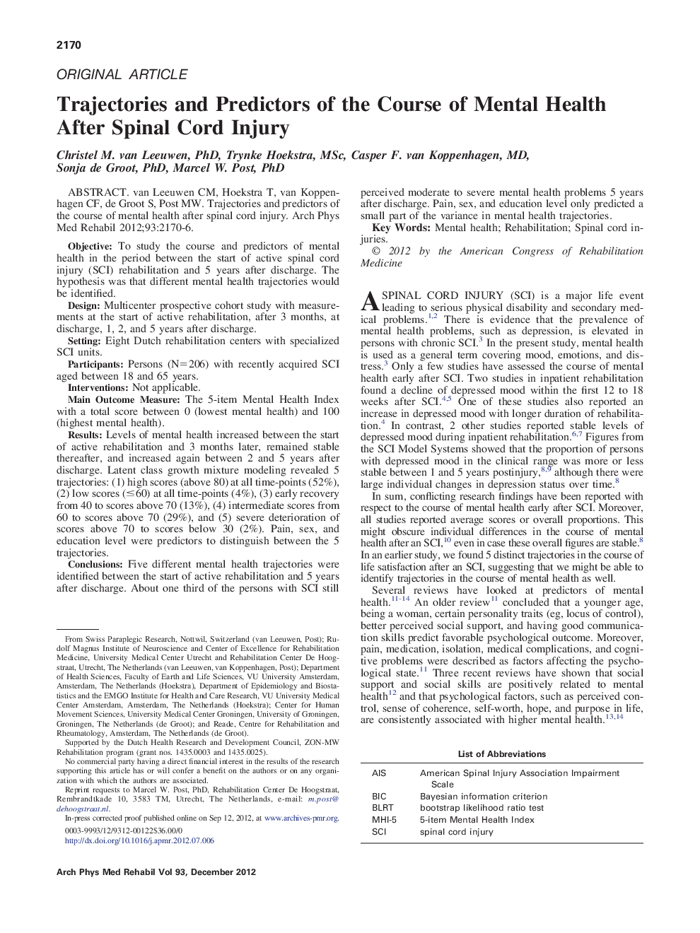 Trajectories and Predictors of the Course of Mental Health After Spinal Cord Injury 