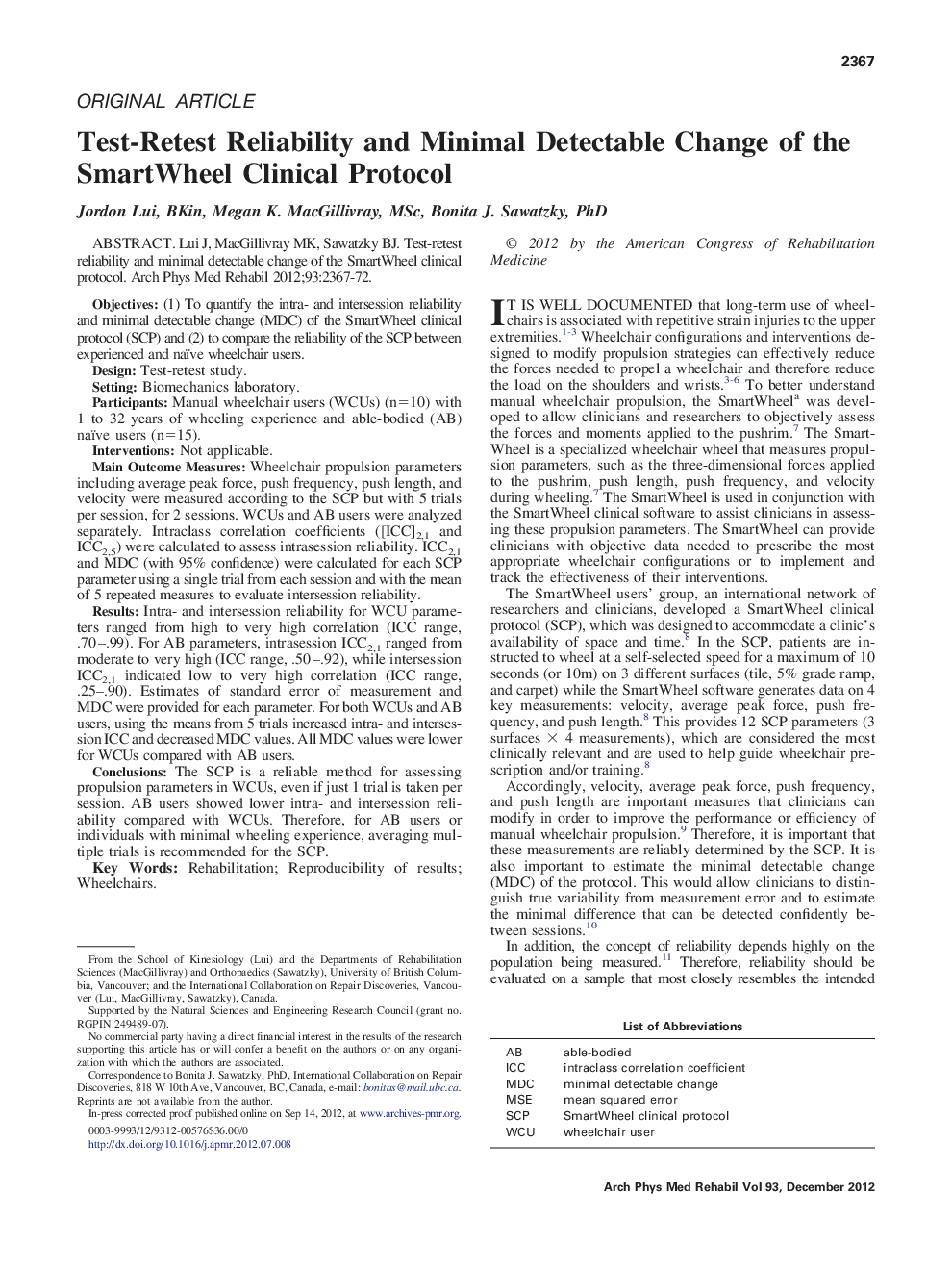 Test-Retest Reliability and Minimal Detectable Change of the SmartWheel Clinical Protocol 