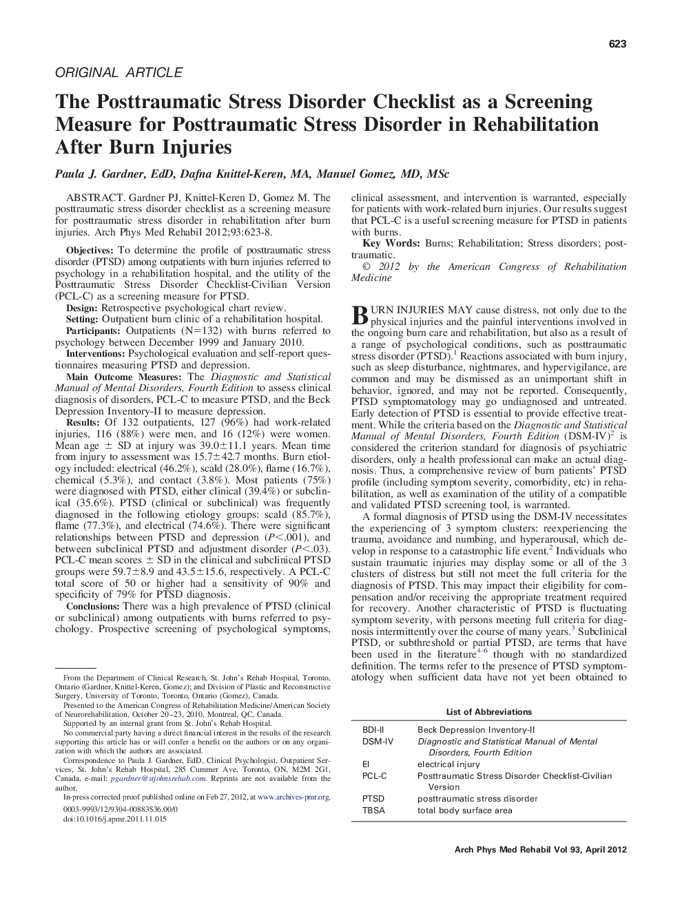 The Posttraumatic Stress Disorder Checklist as a Screening Measure for Posttraumatic Stress Disorder in Rehabilitation After Burn Injuries 