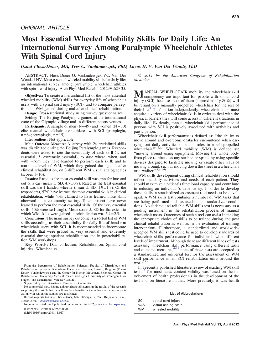 Most Essential Wheeled Mobility Skills for Daily Life: An International Survey Among Paralympic Wheelchair Athletes With Spinal Cord Injury 