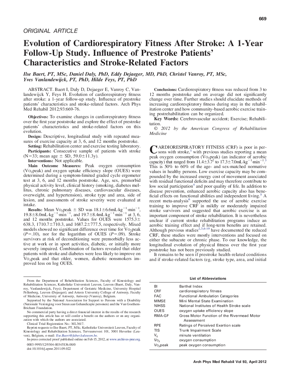 Evolution of Cardiorespiratory Fitness After Stroke: A 1-Year Follow-Up Study. Influence of Prestroke Patients' Characteristics and Stroke-Related Factors 