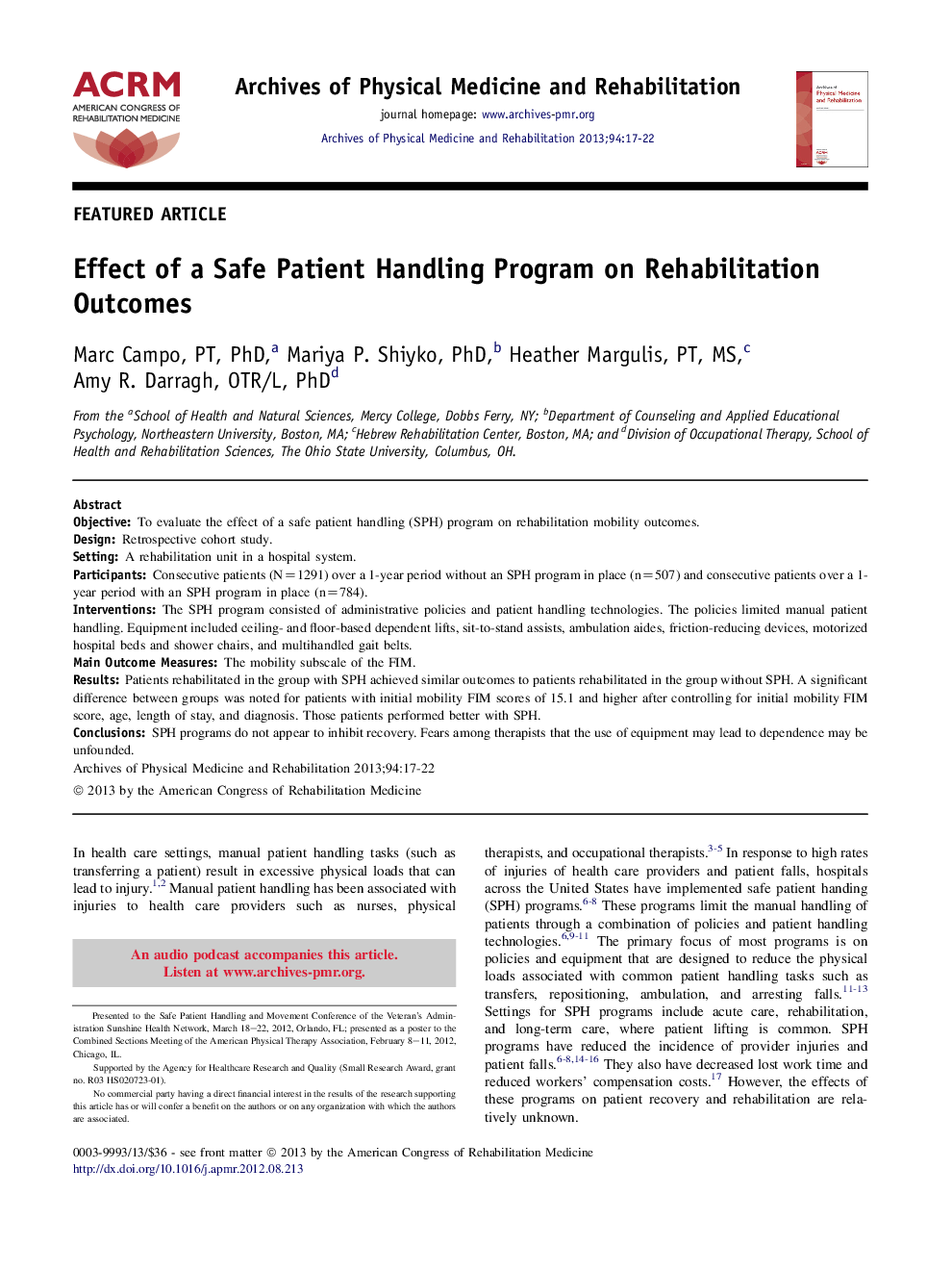 Effect of a Safe Patient Handling Program on Rehabilitation Outcomes 