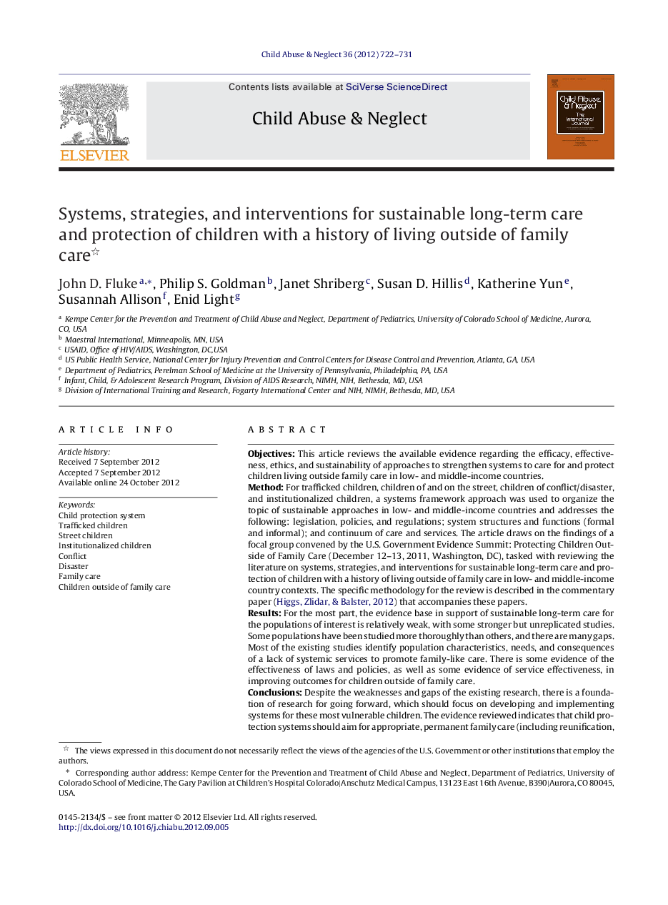 Systems, strategies, and interventions for sustainable long-term care and protection of children with a history of living outside of family care 