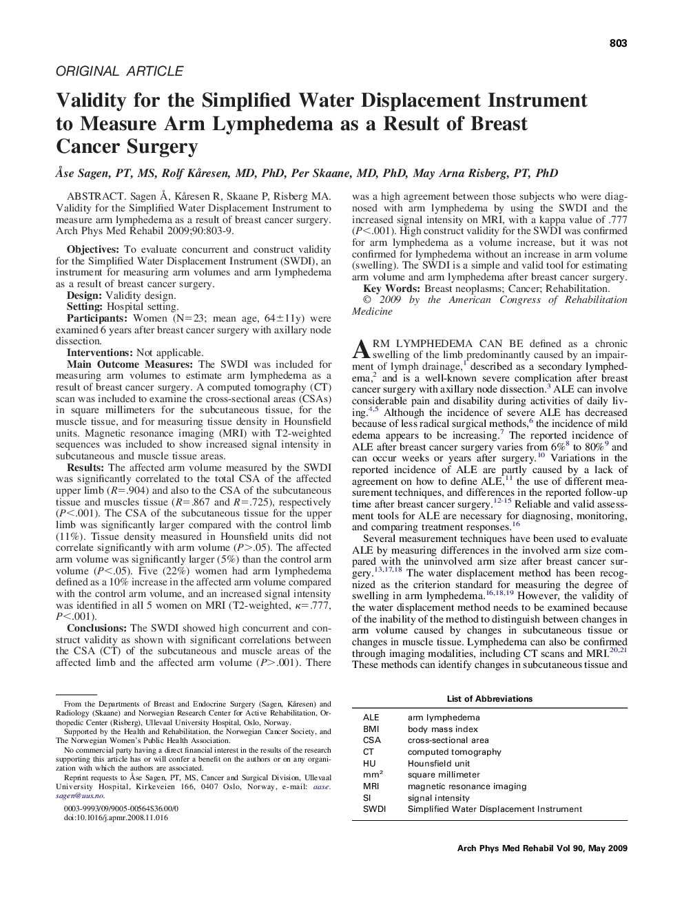 Validity for the Simplified Water Displacement Instrument to Measure Arm Lymphedema as a Result of Breast Cancer Surgery 