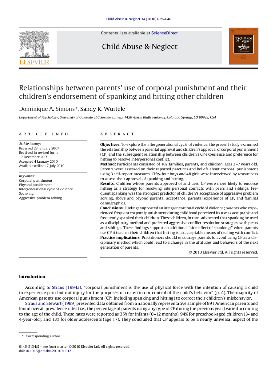 Relationships between parents’ use of corporal punishment and their children's endorsement of spanking and hitting other children