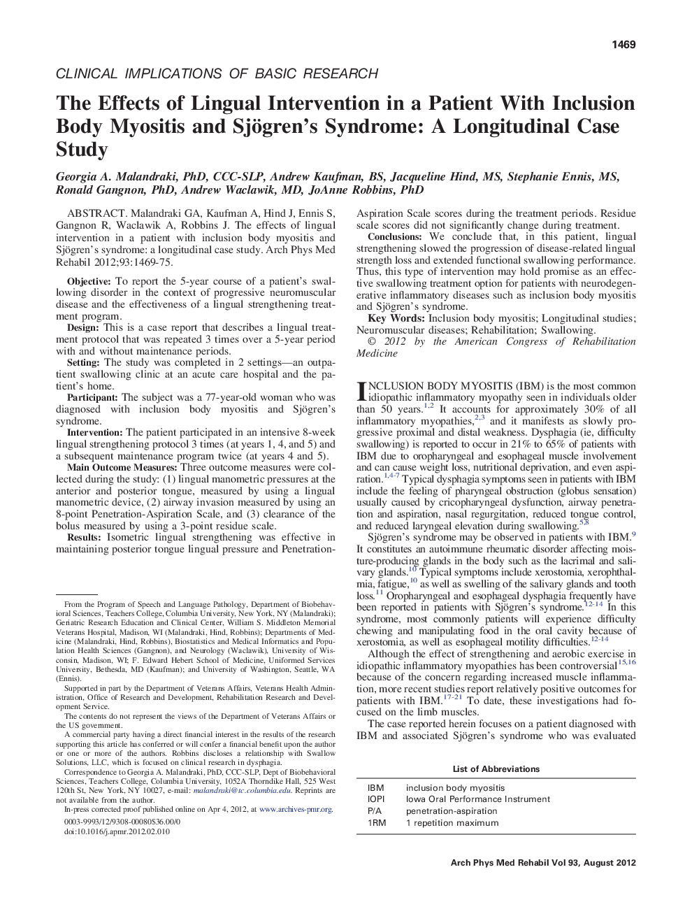 The Effects of Lingual Intervention in a Patient With Inclusion Body Myositis and Sjögren's Syndrome: A Longitudinal Case Study 