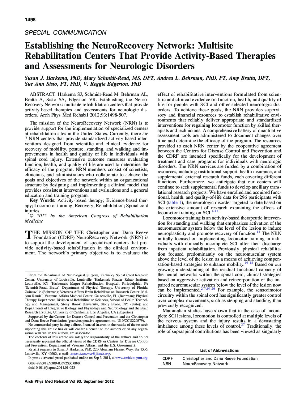 Establishing the NeuroRecovery Network: Multisite Rehabilitation Centers That Provide Activity-Based Therapies and Assessments for Neurologic Disorders 