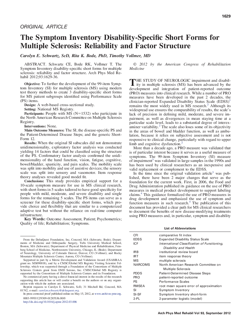 The Symptom Inventory Disability-Specific Short Forms for Multiple Sclerosis: Reliability and Factor Structure