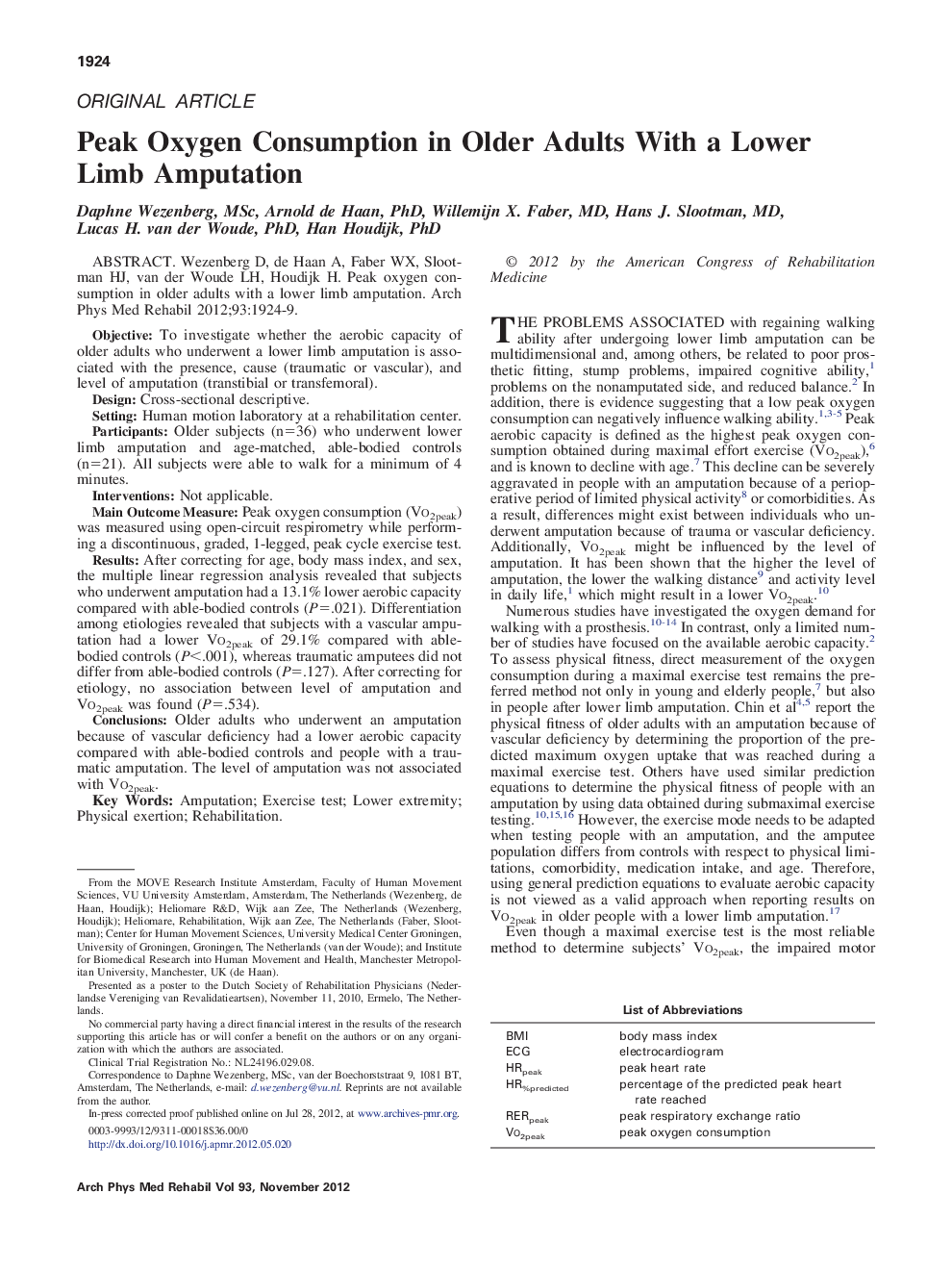 Peak Oxygen Consumption in Older Adults With a Lower Limb Amputation 