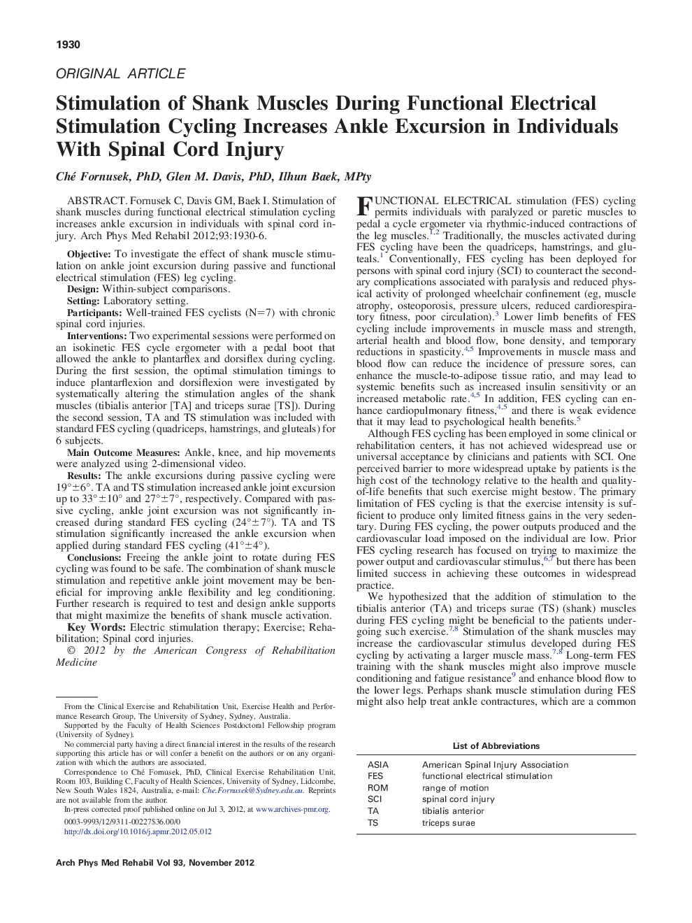 Stimulation of Shank Muscles During Functional Electrical Stimulation Cycling Increases Ankle Excursion in Individuals With Spinal Cord Injury