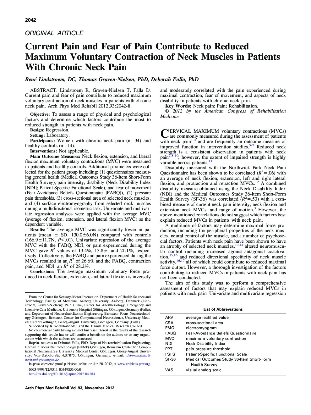Current Pain and Fear of Pain Contribute to Reduced Maximum Voluntary Contraction of Neck Muscles in Patients With Chronic Neck Pain 