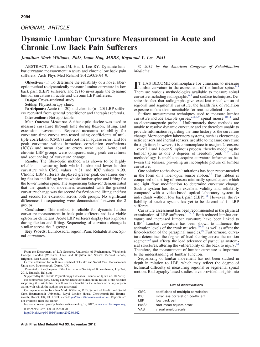 Dynamic Lumbar Curvature Measurement in Acute and Chronic Low Back Pain Sufferers 