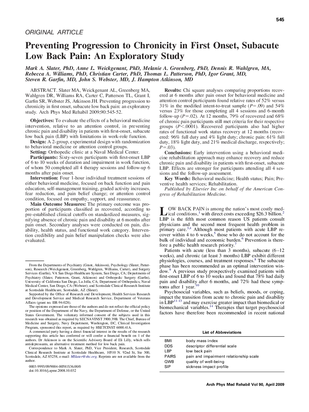 عکس صفحه اول مقاله: Preventing Progression to Chronicity in First Onset, Subacute Low Back Pain: An Exploratory Study Preventing Progression to Chronicity in First Onset, Subacute Low Back Pain: An Exploratory Study