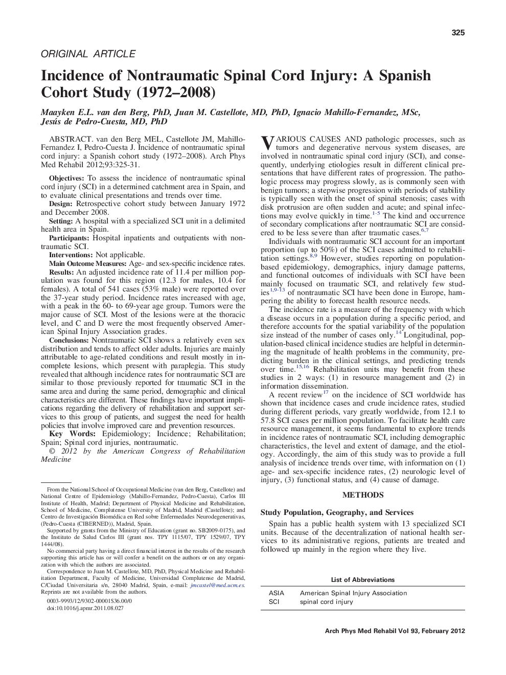 Incidence of Nontraumatic Spinal Cord Injury: A Spanish Cohort Study (1972-2008)