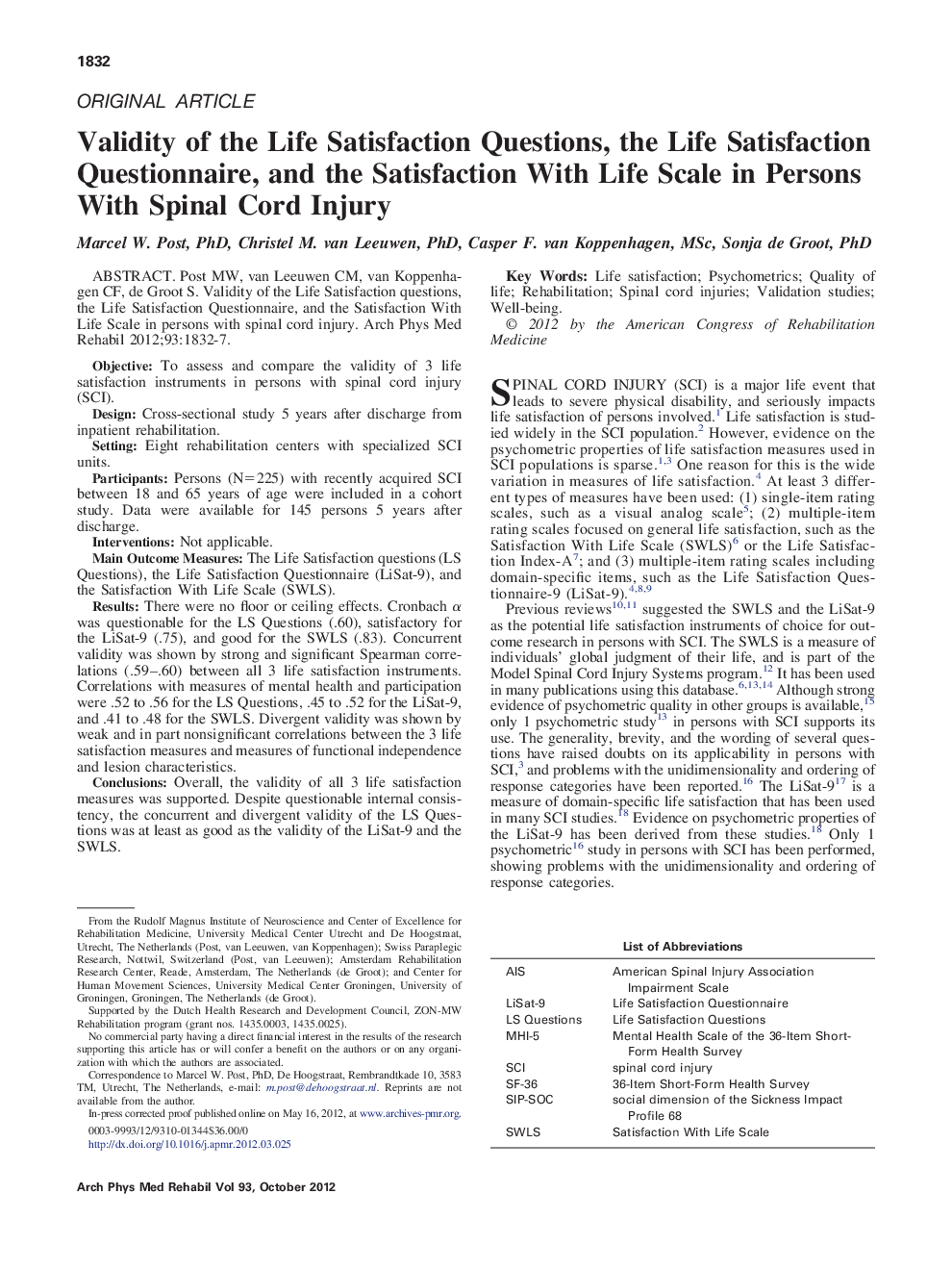 Validity of the Life Satisfaction Questions, the Life Satisfaction Questionnaire, and the Satisfaction With Life Scale in Persons With Spinal Cord Injury 