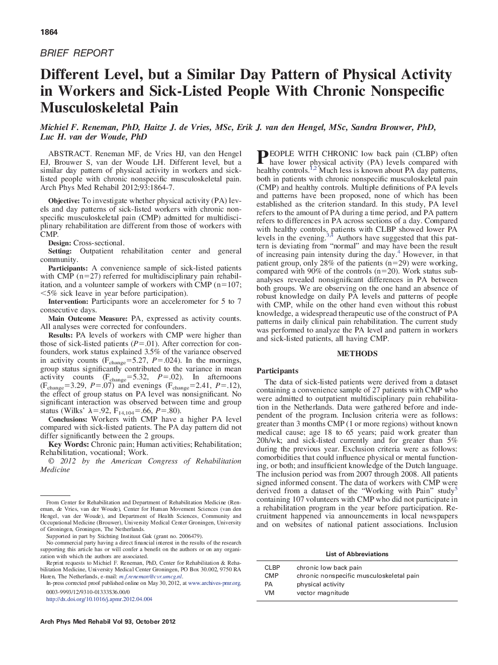 Different Level, but a Similar Day Pattern of Physical Activity in Workers and Sick-Listed People With Chronic Nonspecific Musculoskeletal Pain 