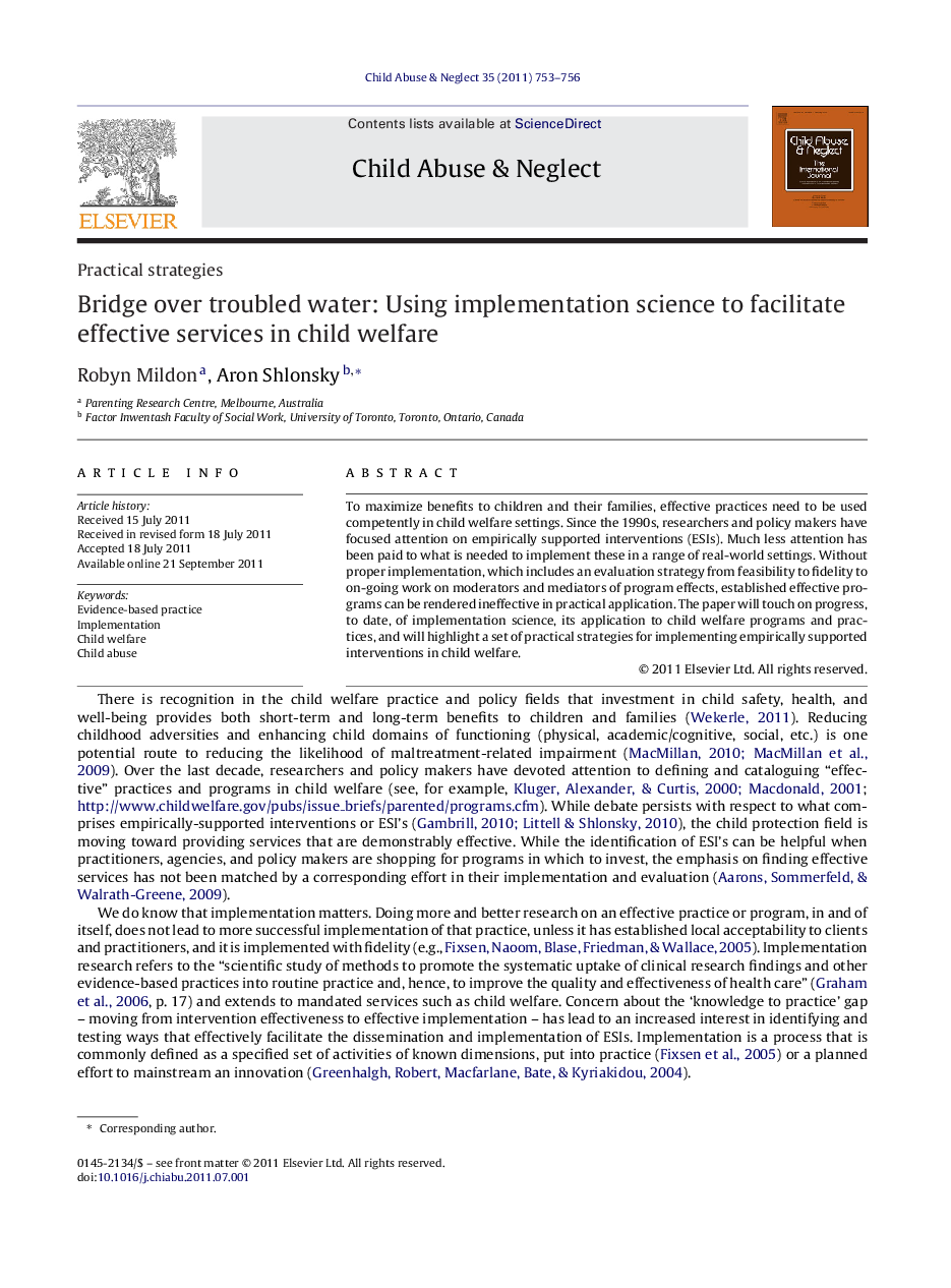 Bridge over troubled water: Using implementation science to facilitate effective services in child welfare