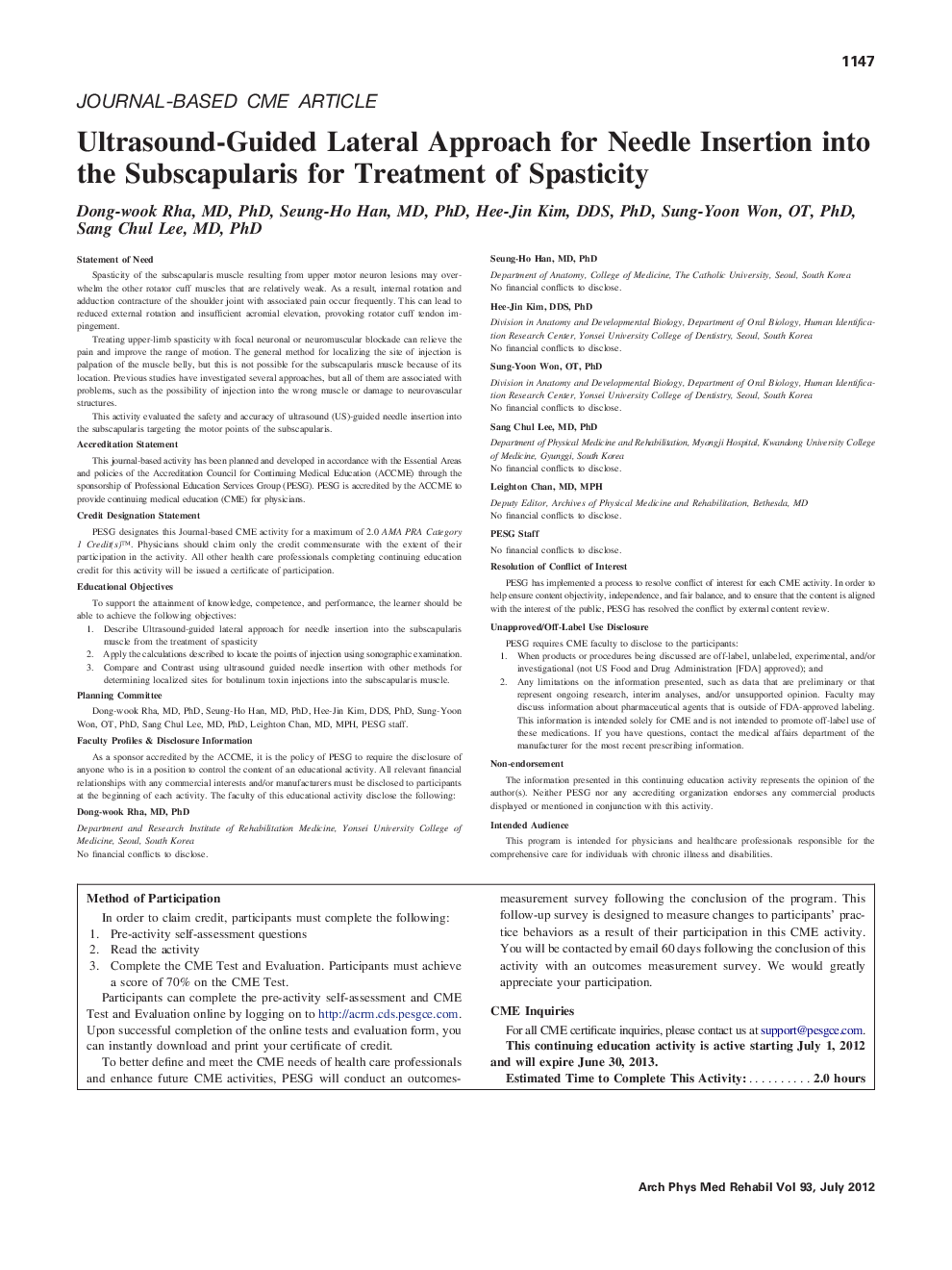 Ultrasound-Guided Lateral Approach for Needle Insertion into the Subscapularis for Treatment of Spasticity 