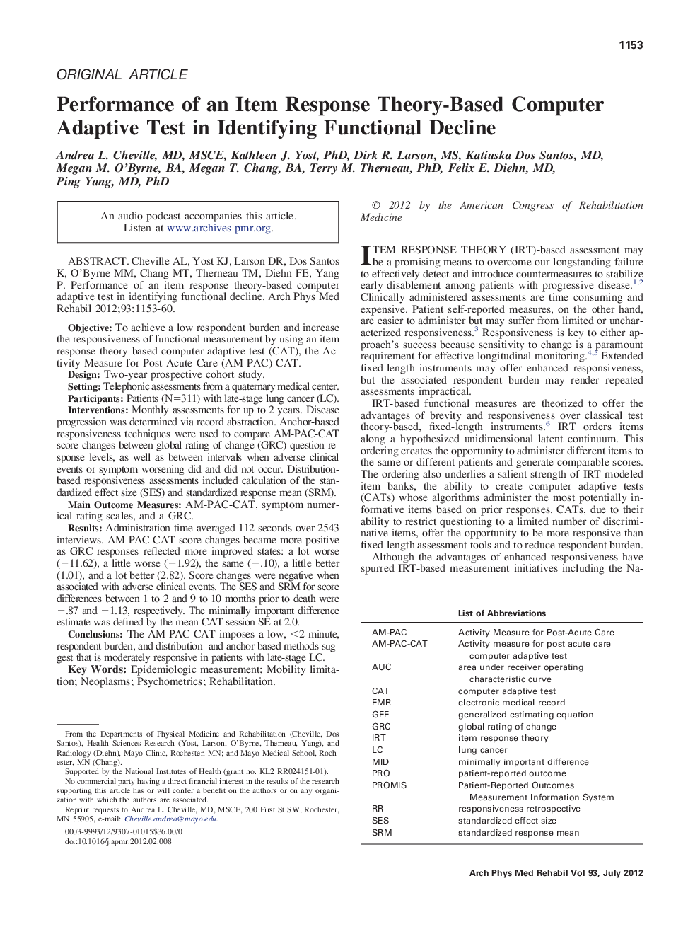 Performance of an Item Response Theory-Based Computer Adaptive Test in Identifying Functional Decline 