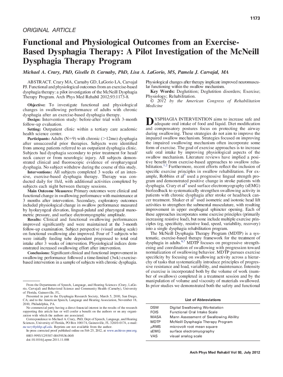 Functional and Physiological Outcomes from an Exercise-Based Dysphagia Therapy: A Pilot Investigation of the McNeill Dysphagia Therapy Program 