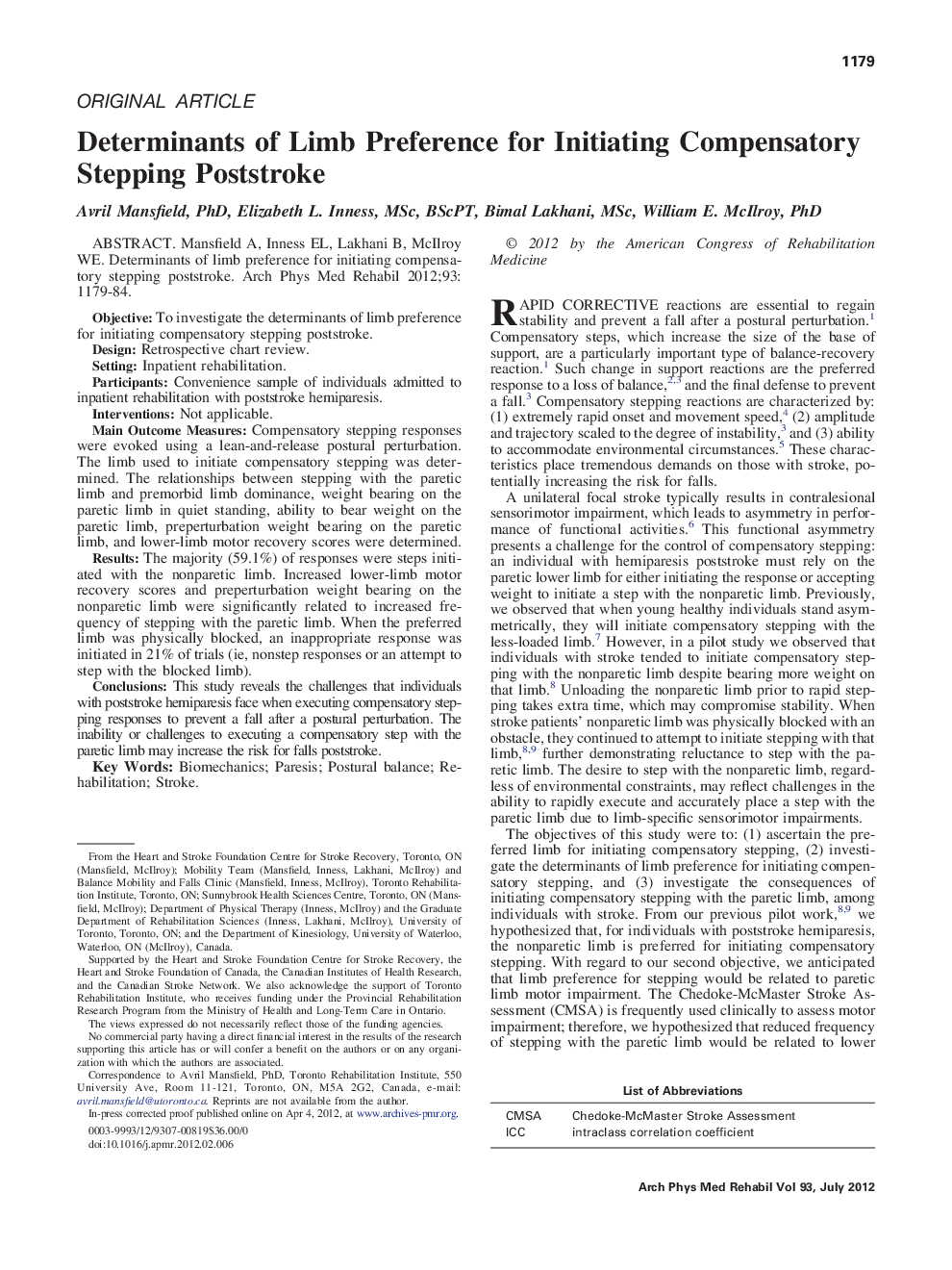 Determinants of Limb Preference for Initiating Compensatory Stepping Poststroke 