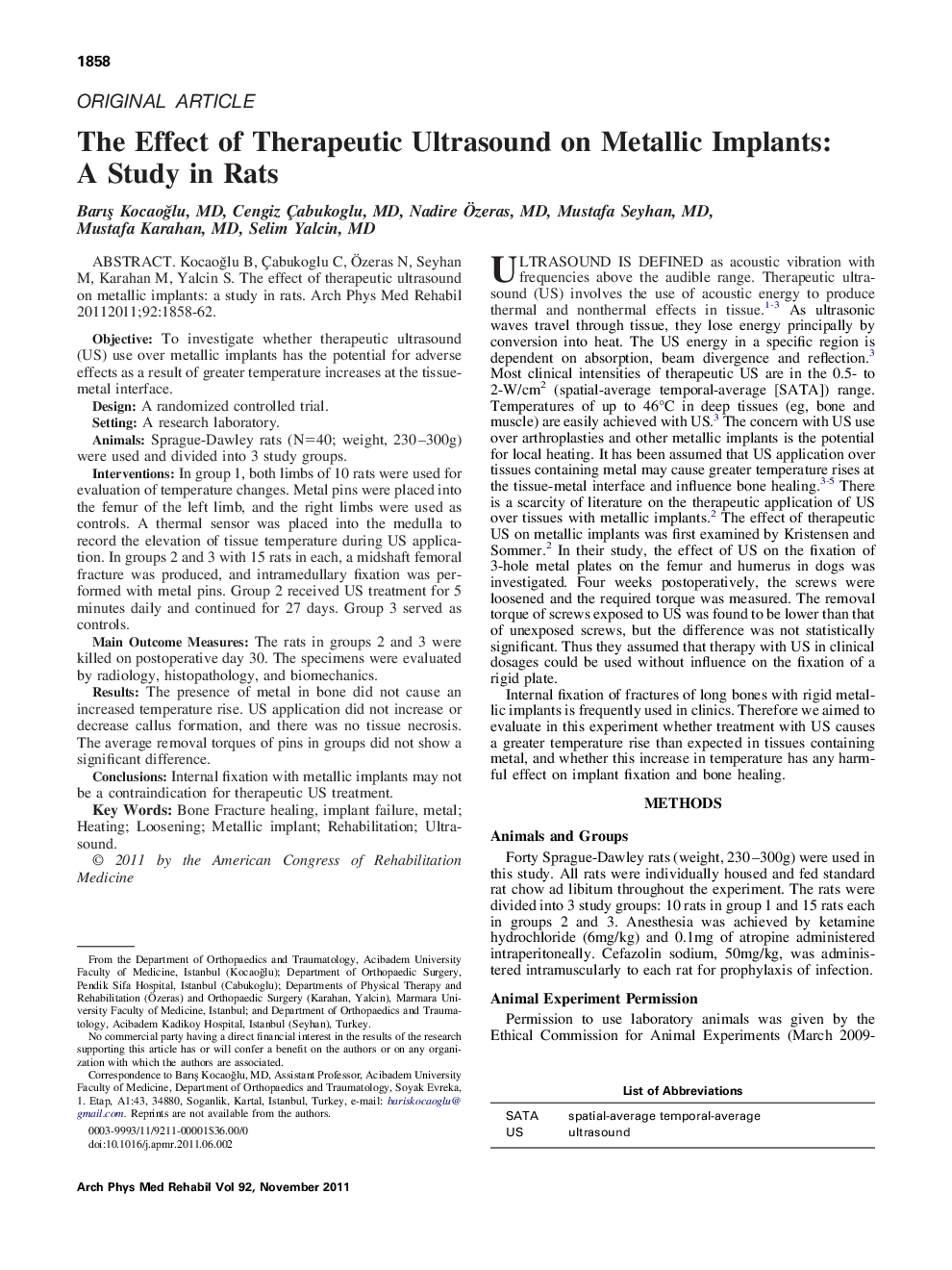 The Effect of Therapeutic Ultrasound on Metallic Implants: A Study in Rats 