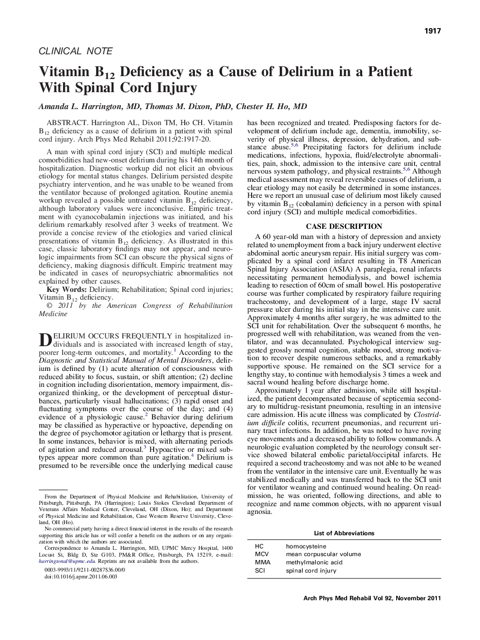 Vitamin B12 Deficiency as a Cause of Delirium in a Patient With Spinal Cord Injury