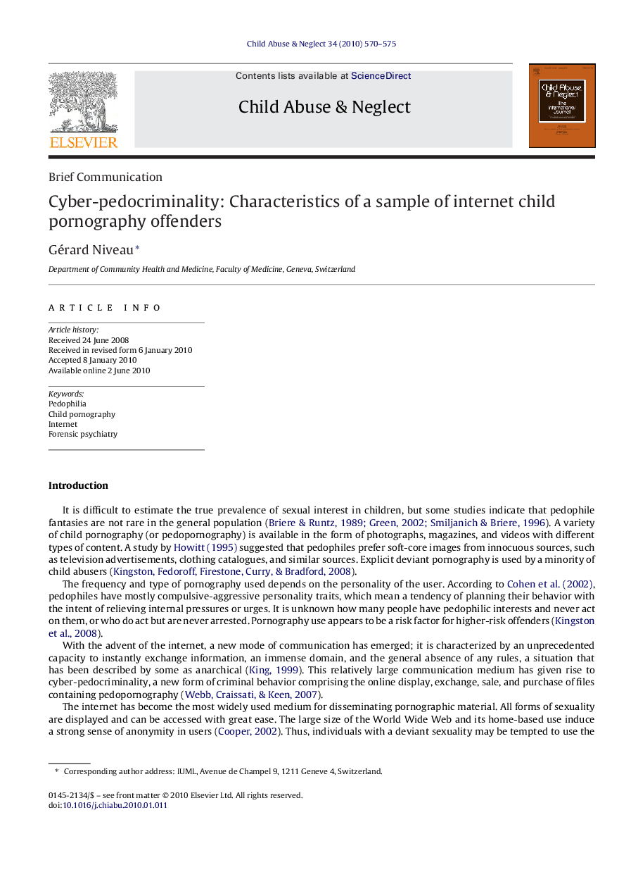 Cyber-pedocriminality: Characteristics of a sample of internet child pornography offenders