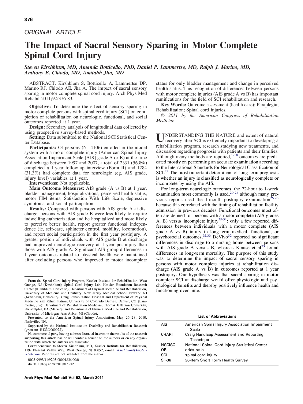 The Impact of Sacral Sensory Sparing in Motor Complete Spinal Cord Injury 