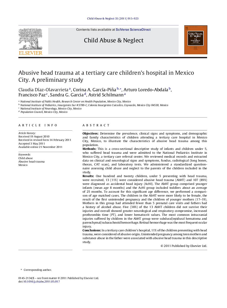 Abusive head trauma at a tertiary care children's hospital in Mexico City. A preliminary study