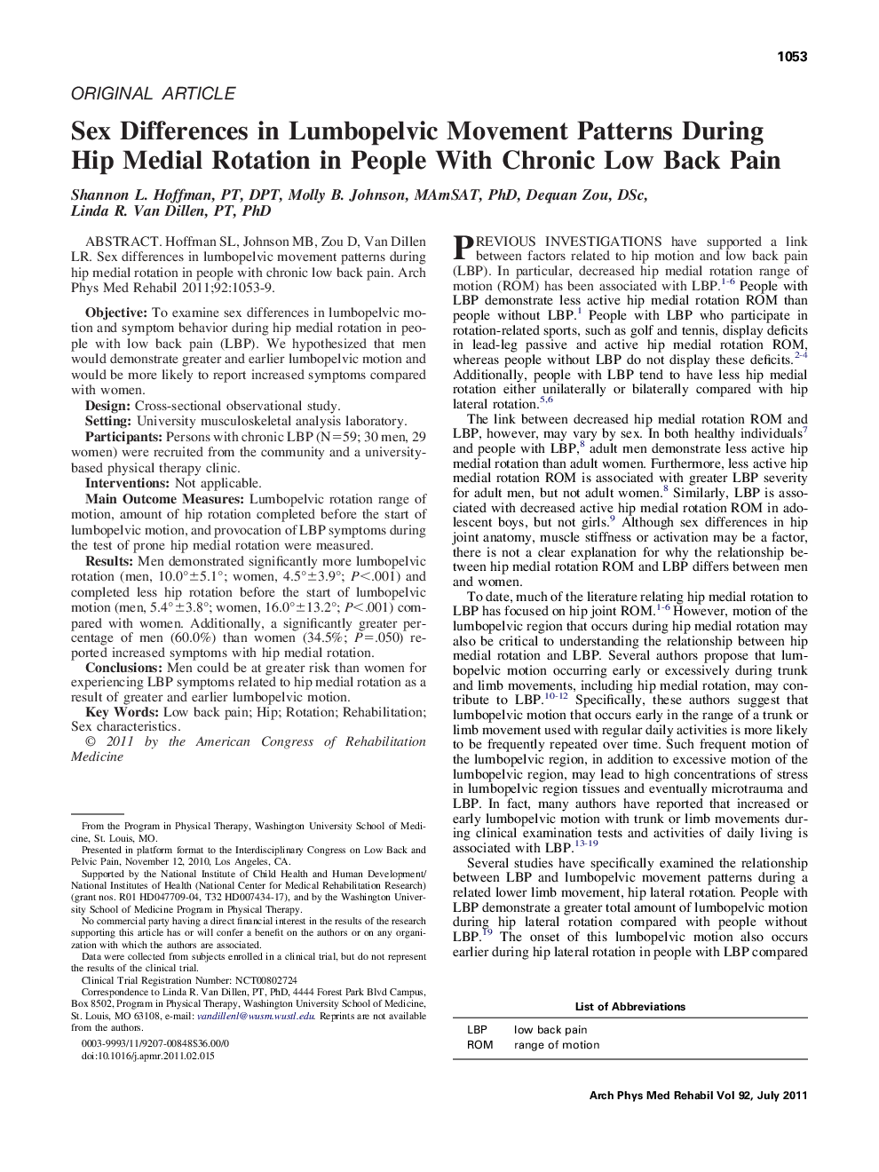 Sex Differences in Lumbopelvic Movement Patterns During Hip Medial Rotation in People With Chronic Low Back Pain 